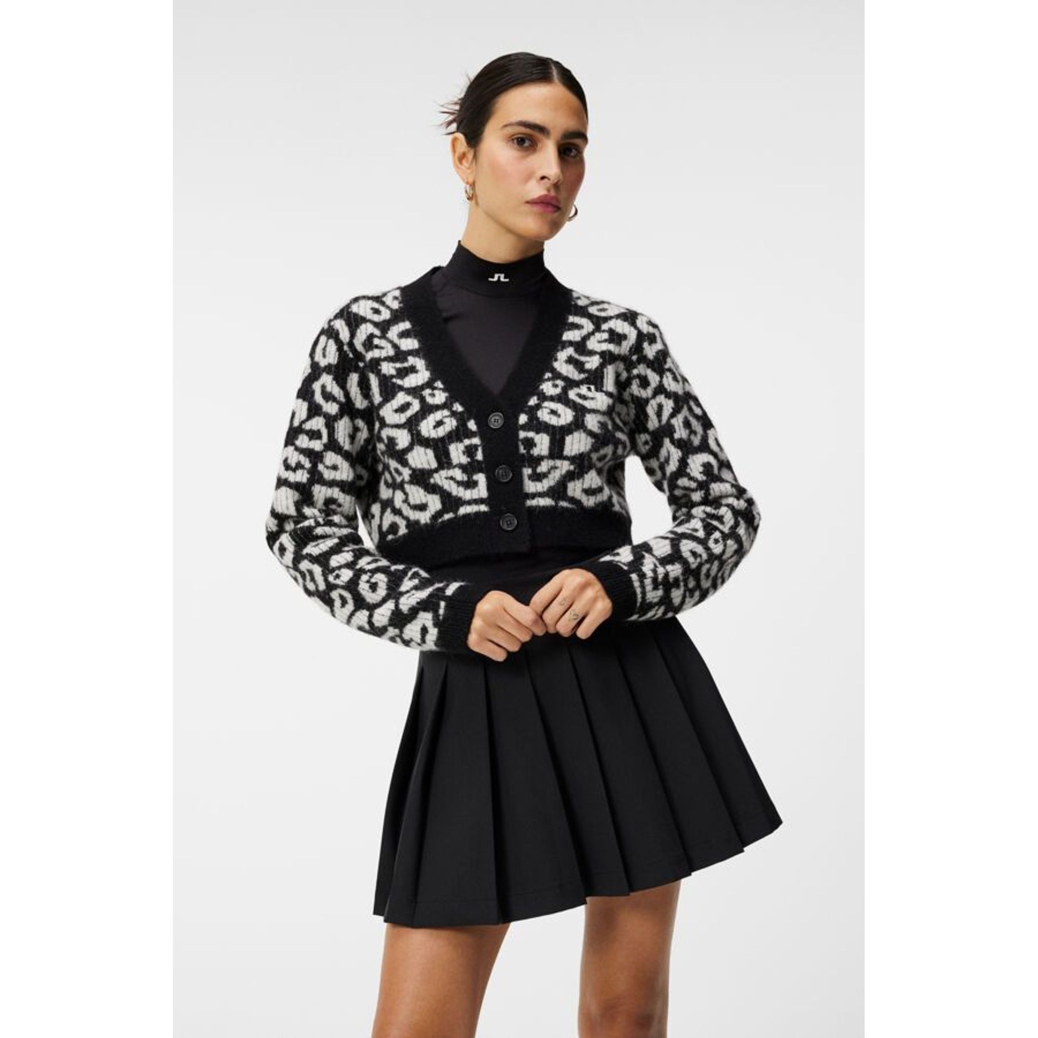 J. Lindeberg W Mallory Cropped Cardigan Leo-Print Czarny/Biały Damski